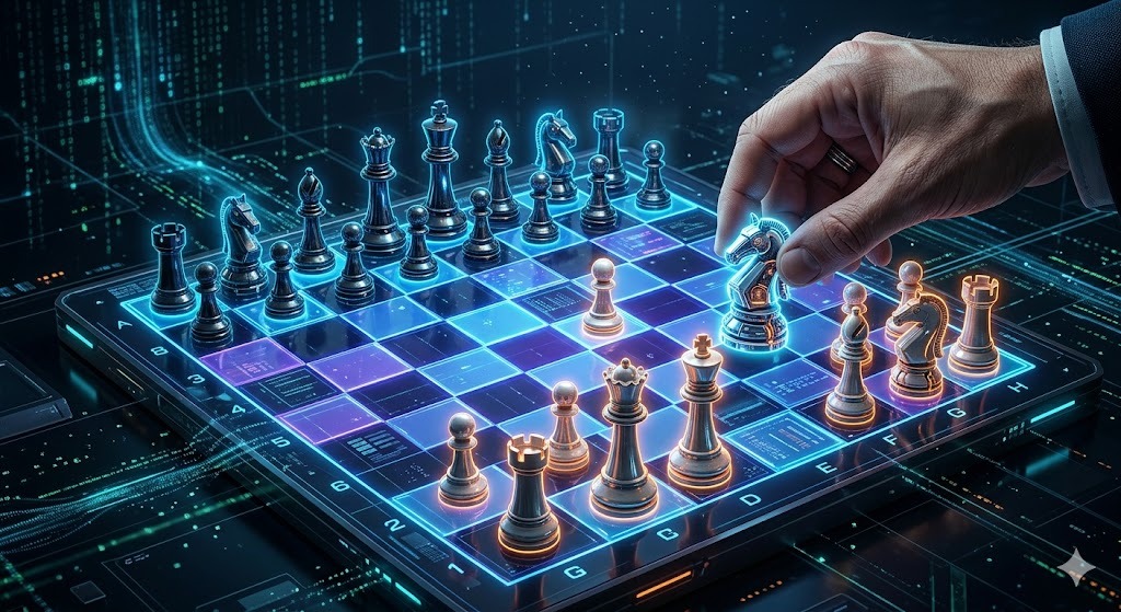 AI agentide strateegia – käsi liigutab AI agenti nuppu mängulaualt