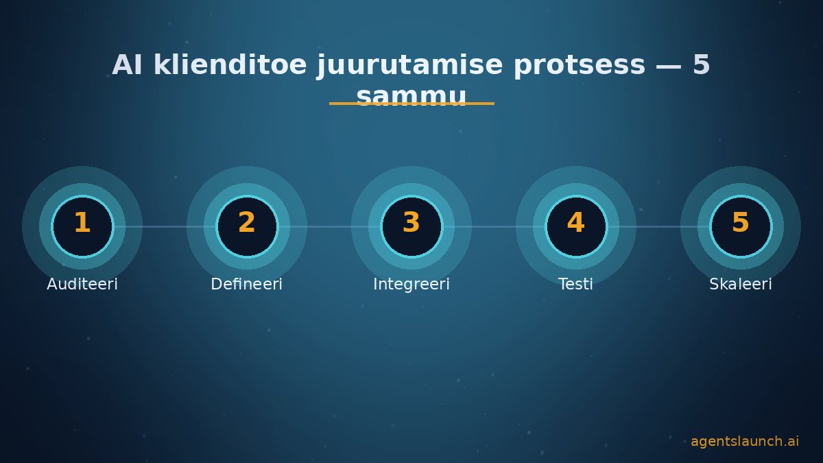 AI klienditoe agendi juurutamise 5 sammu protsessivoog: auditeeri, defineeri, integreeri, testi, skaleeri