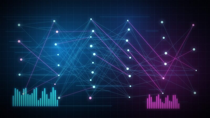 Neuronvõrgu visualisatsioon tumedal taustal, AI uudiste kokkuvõte