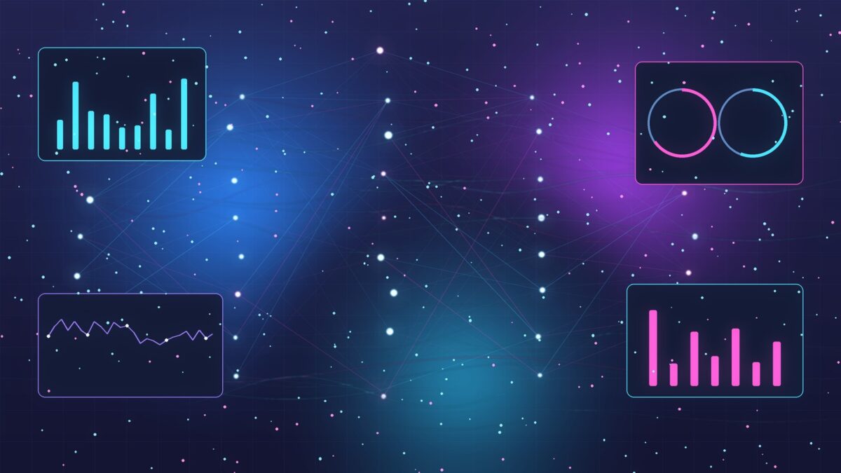 Futuristlik AI uudiste töölaud neoonvärvides
