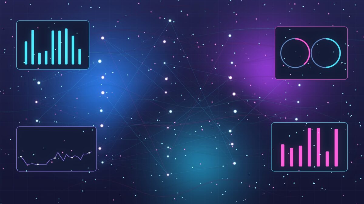 Futuristlik AI uudiste töölaud neoonvärvides